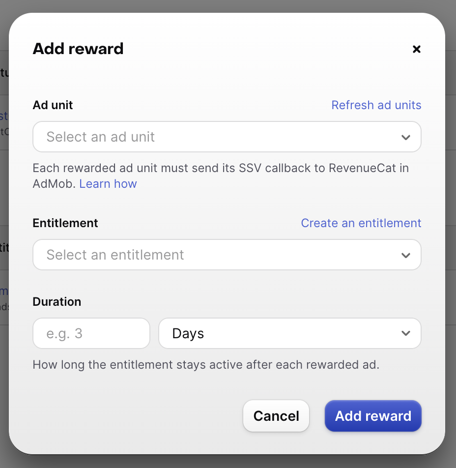The Add reward dialog in the RevenueCat dashboard, with fields for the ad unit, entitlement, and duration