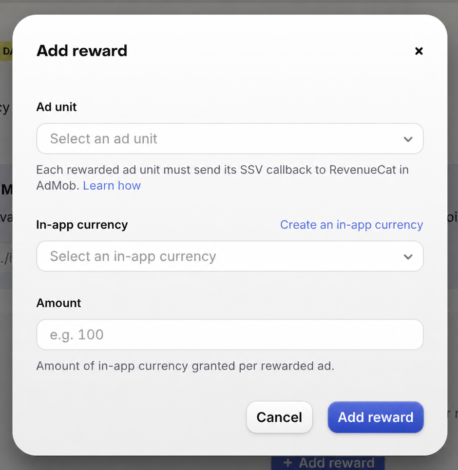 The Add reward dialog in the RevenueCat dashboard, with fields for the ad unit, in-app currency, and amount