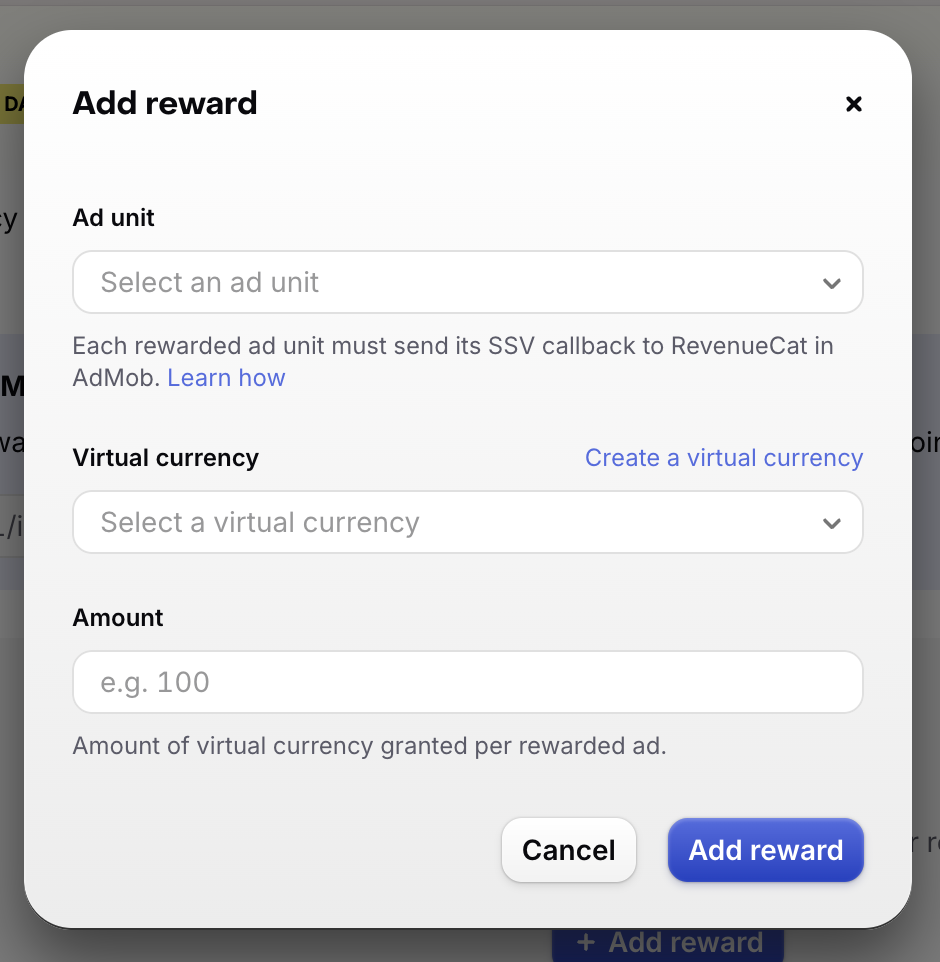 The Add reward dialog in the RevenueCat dashboard, with fields for the ad unit, virtual currency, and amount