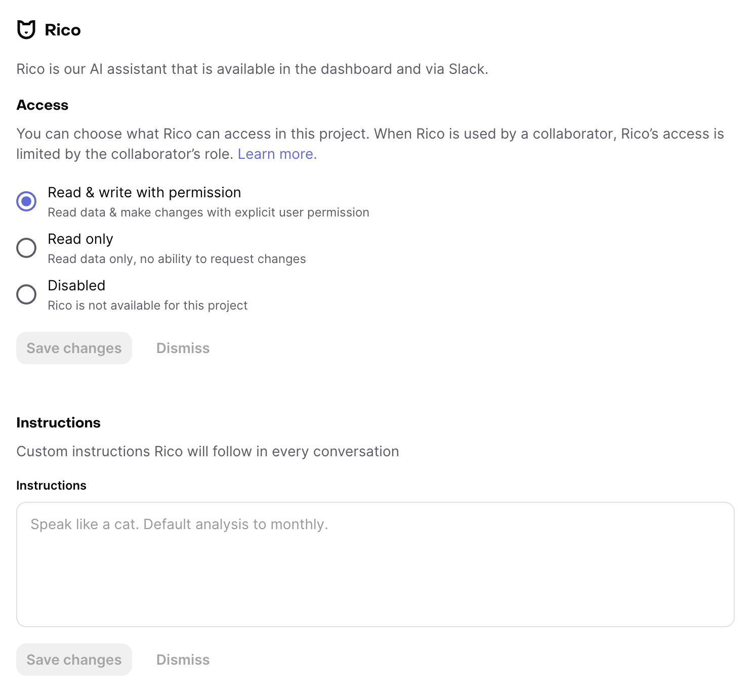 Screenshot of the AI settings page, all information is explained below