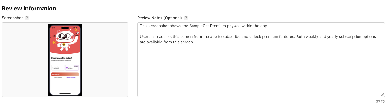 The review information for your subscription