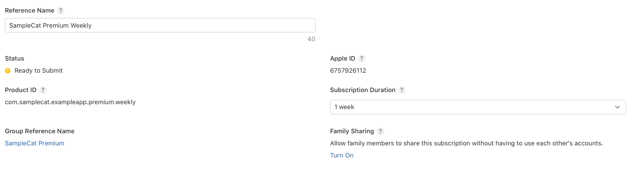 The internal name, duration and family share options of your subscription
