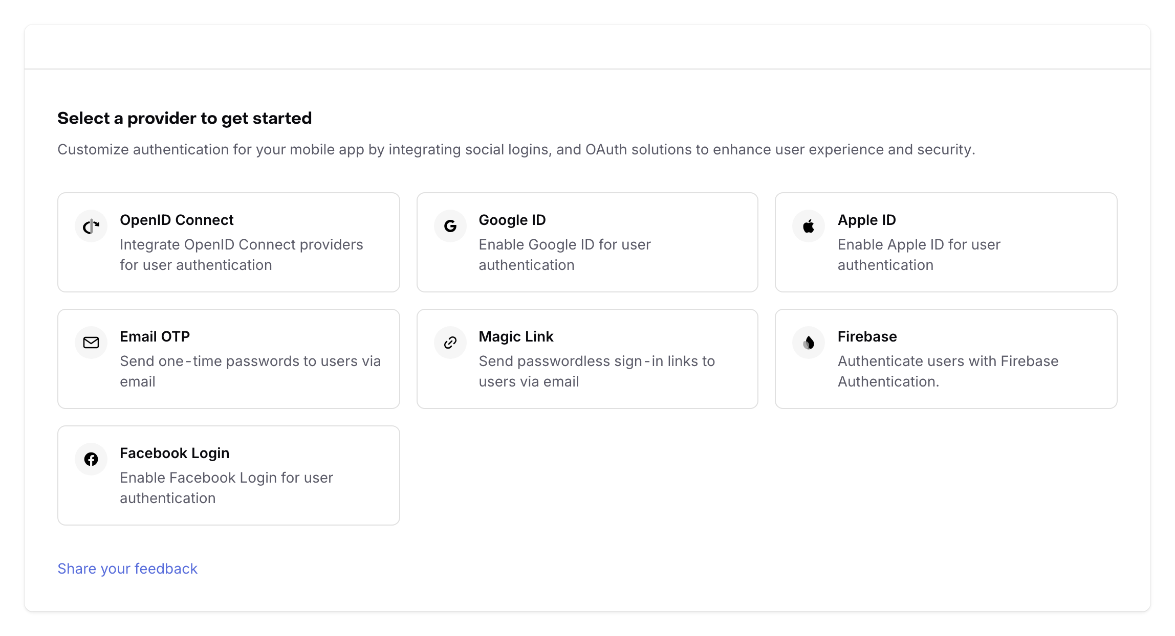 The Select a provider screen in the Auth section, showing all seven authentication providers