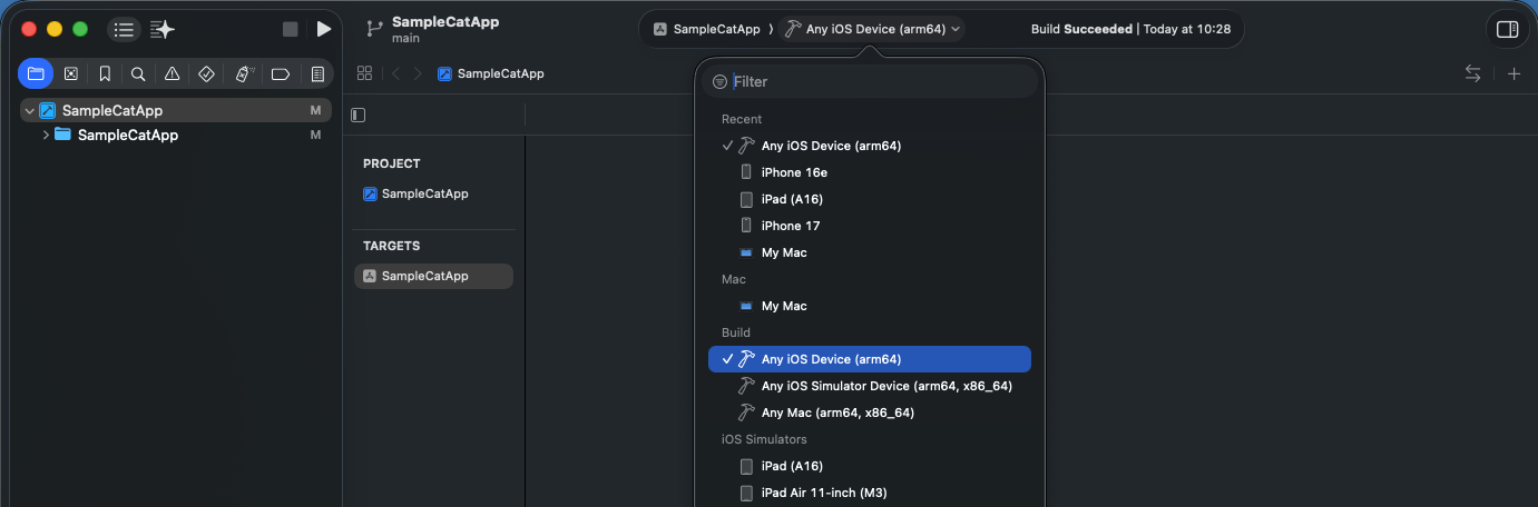 Set the build target to "Any iOS Device"