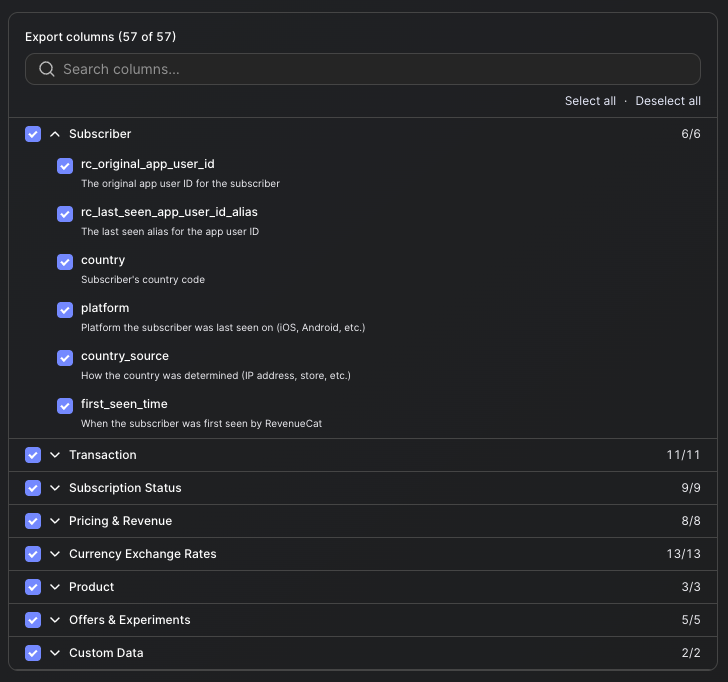 Export columns catalog