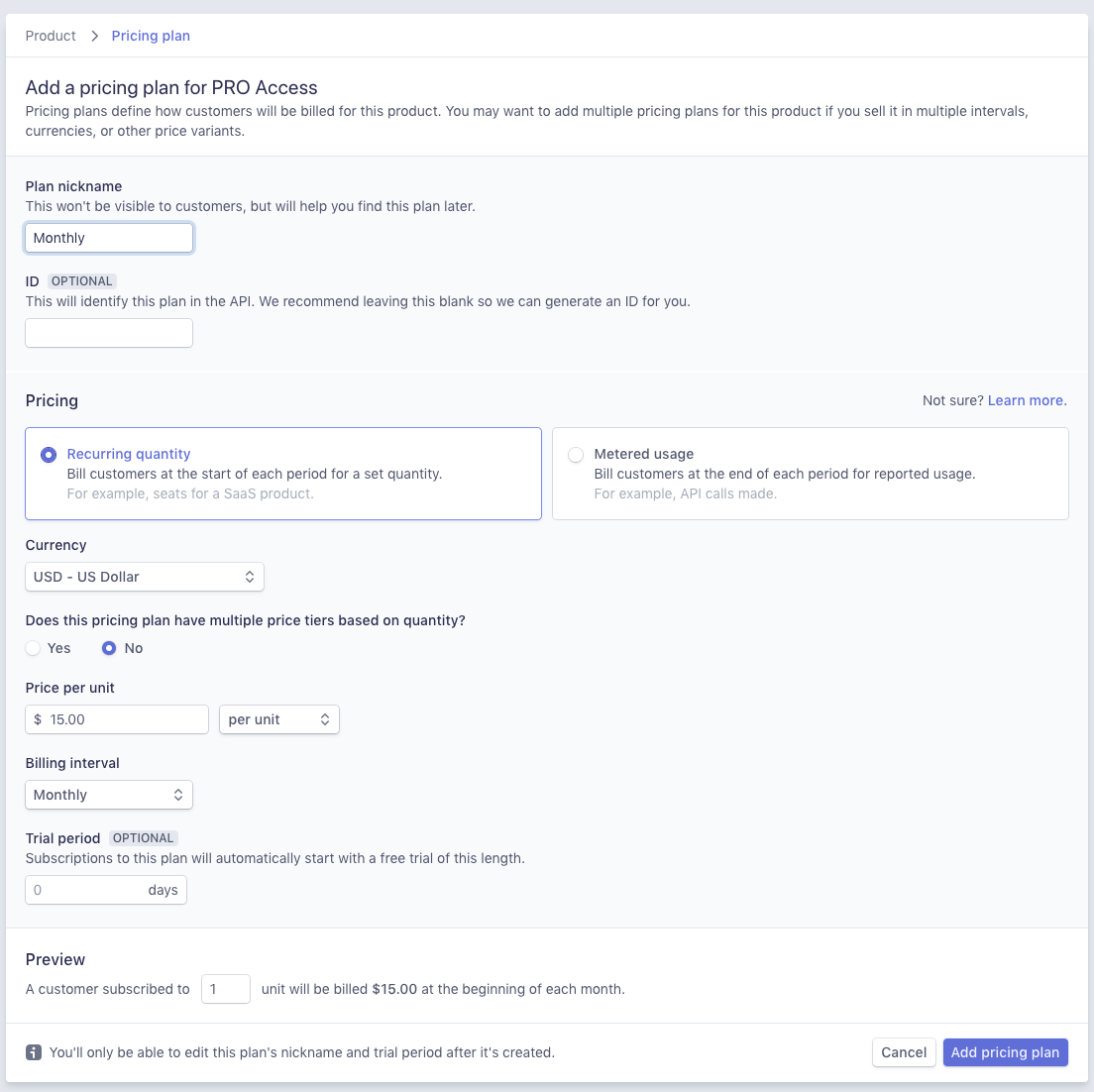 Create products and plans