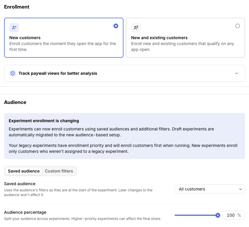 Enrollment and Audience sections of the experiment form
