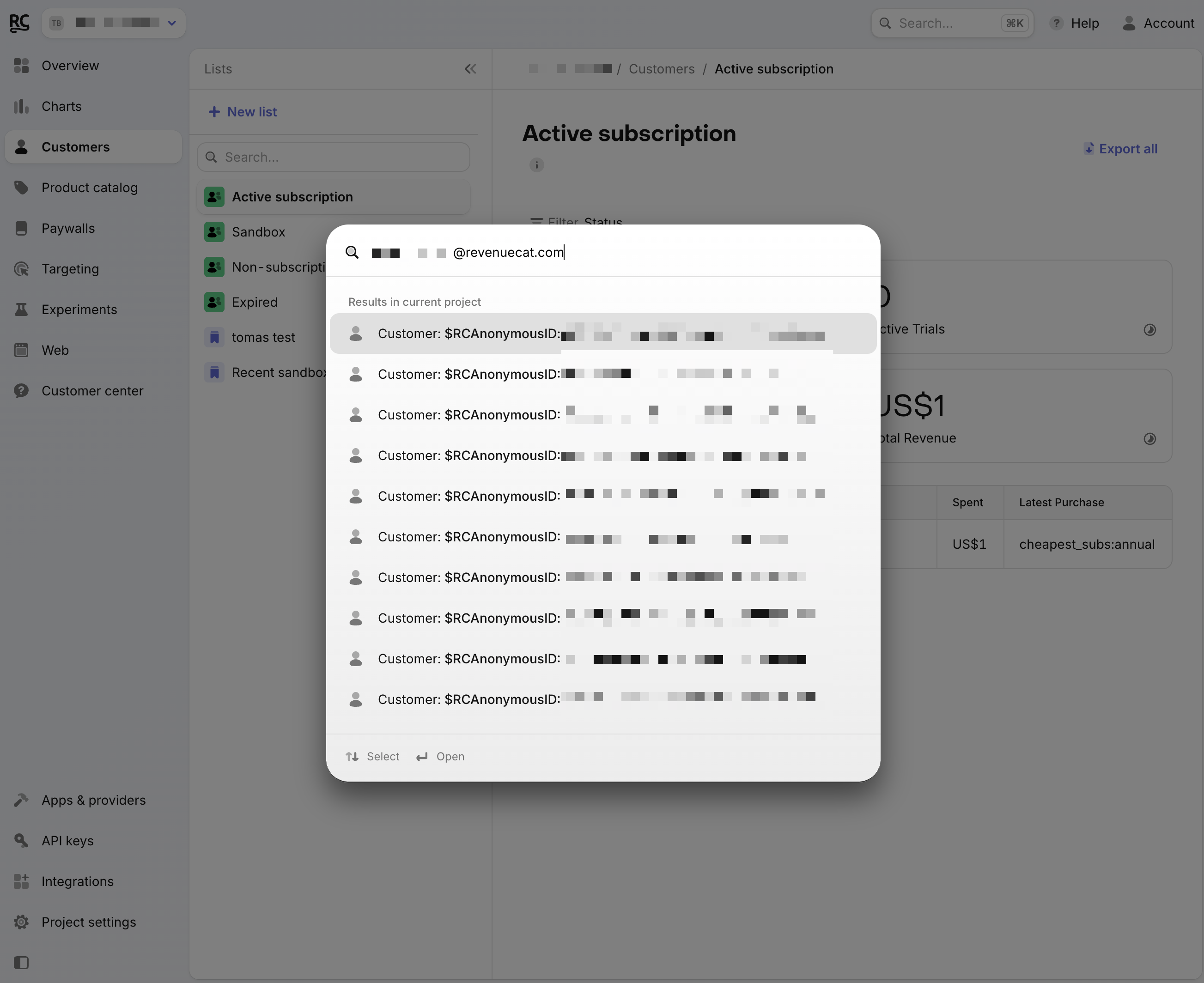 Find a customer results in the global search dialog