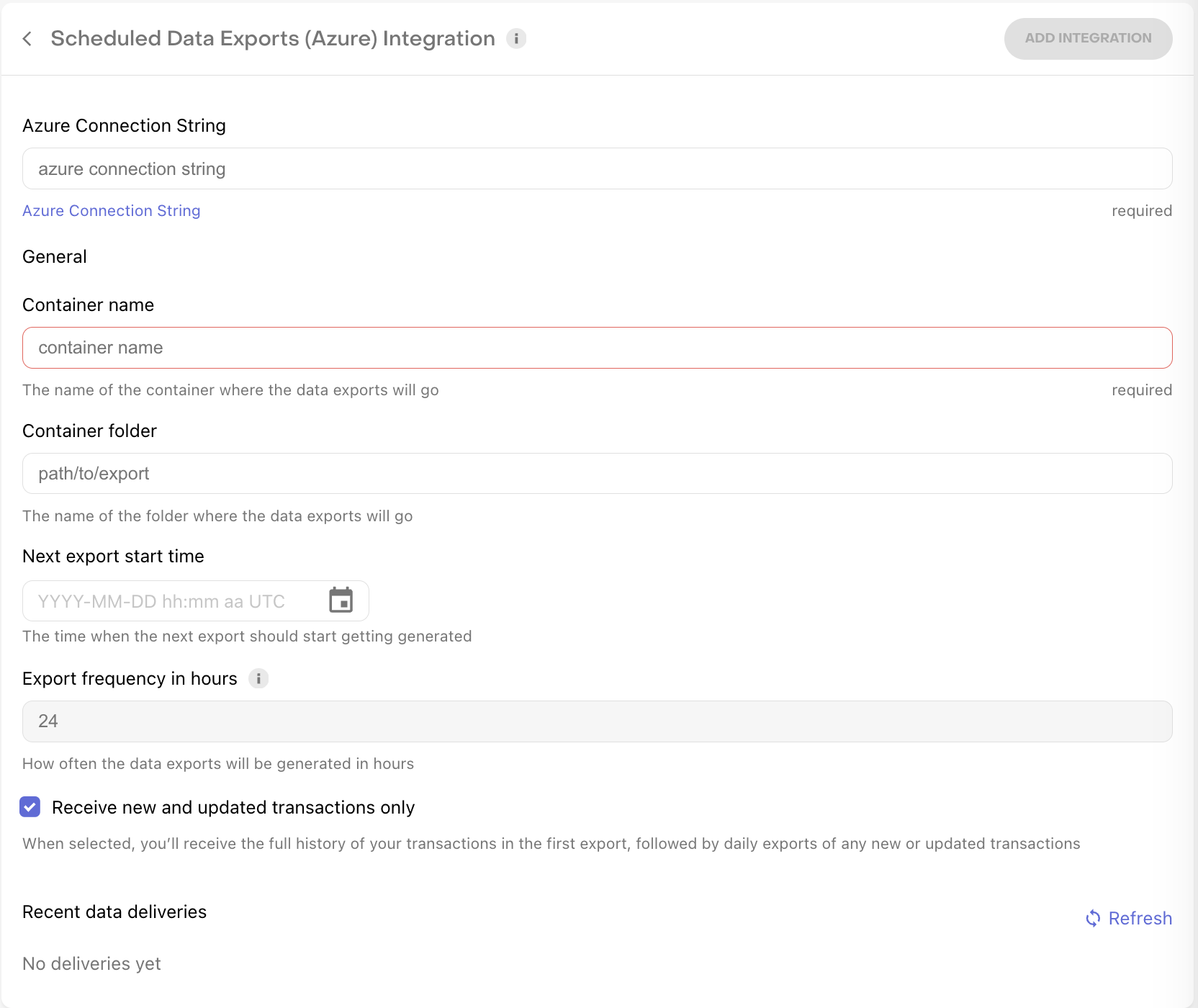 Azure_Blob Storage delivery configuration in RevenueCat dashboard