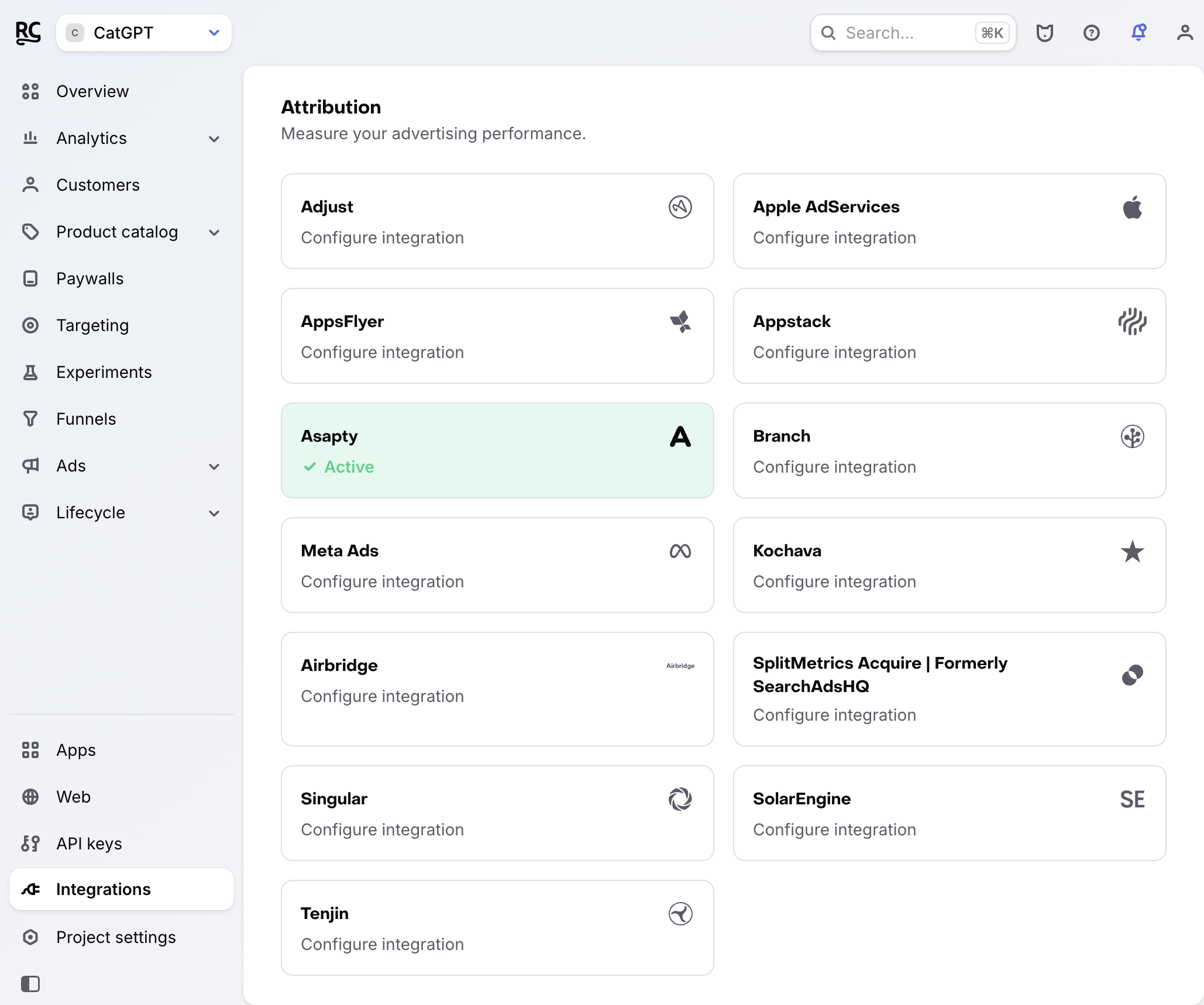 Asapty in the Integrations menu
