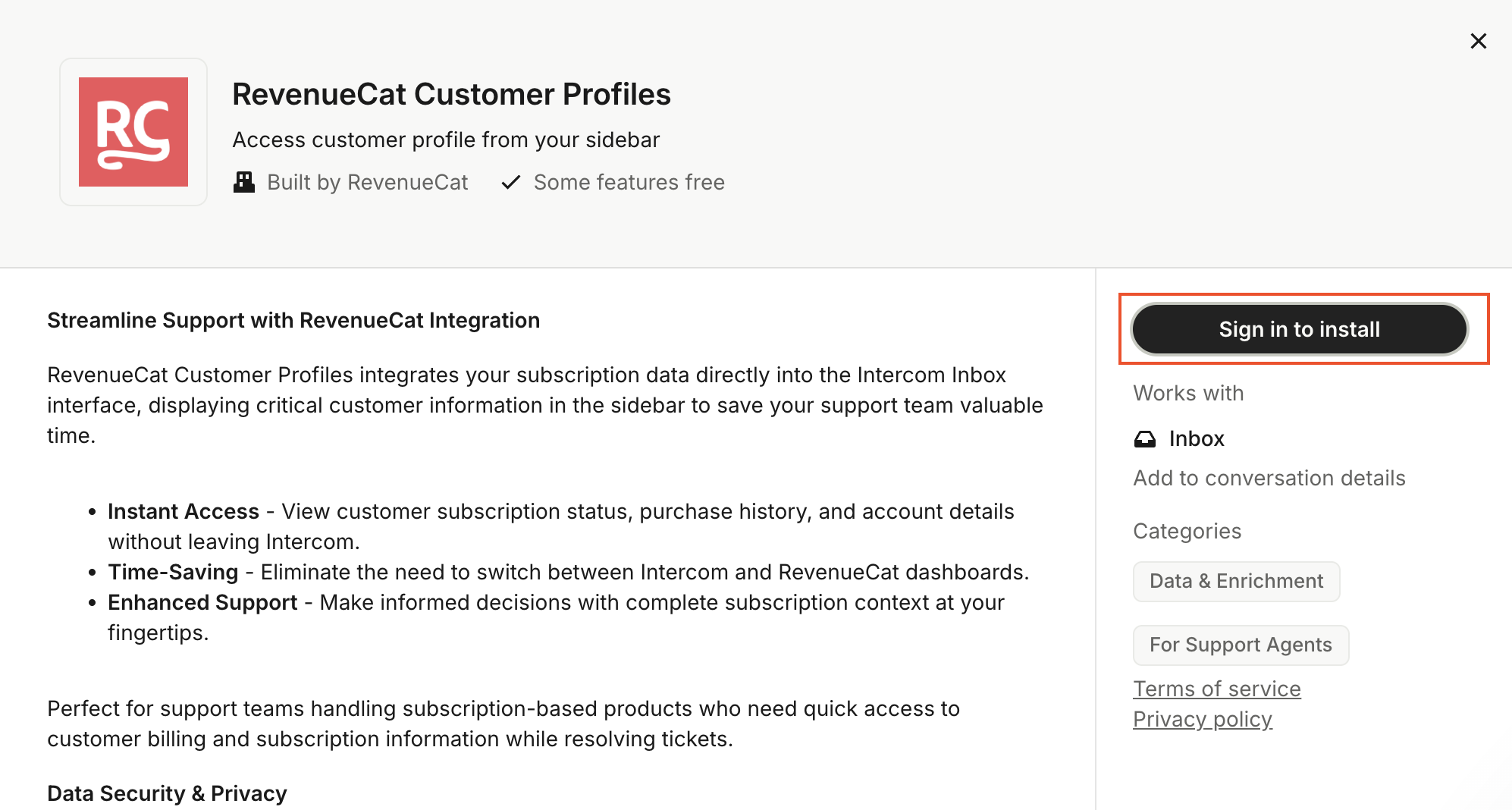 Install RevenueCat Customer Profiles app in Intercom