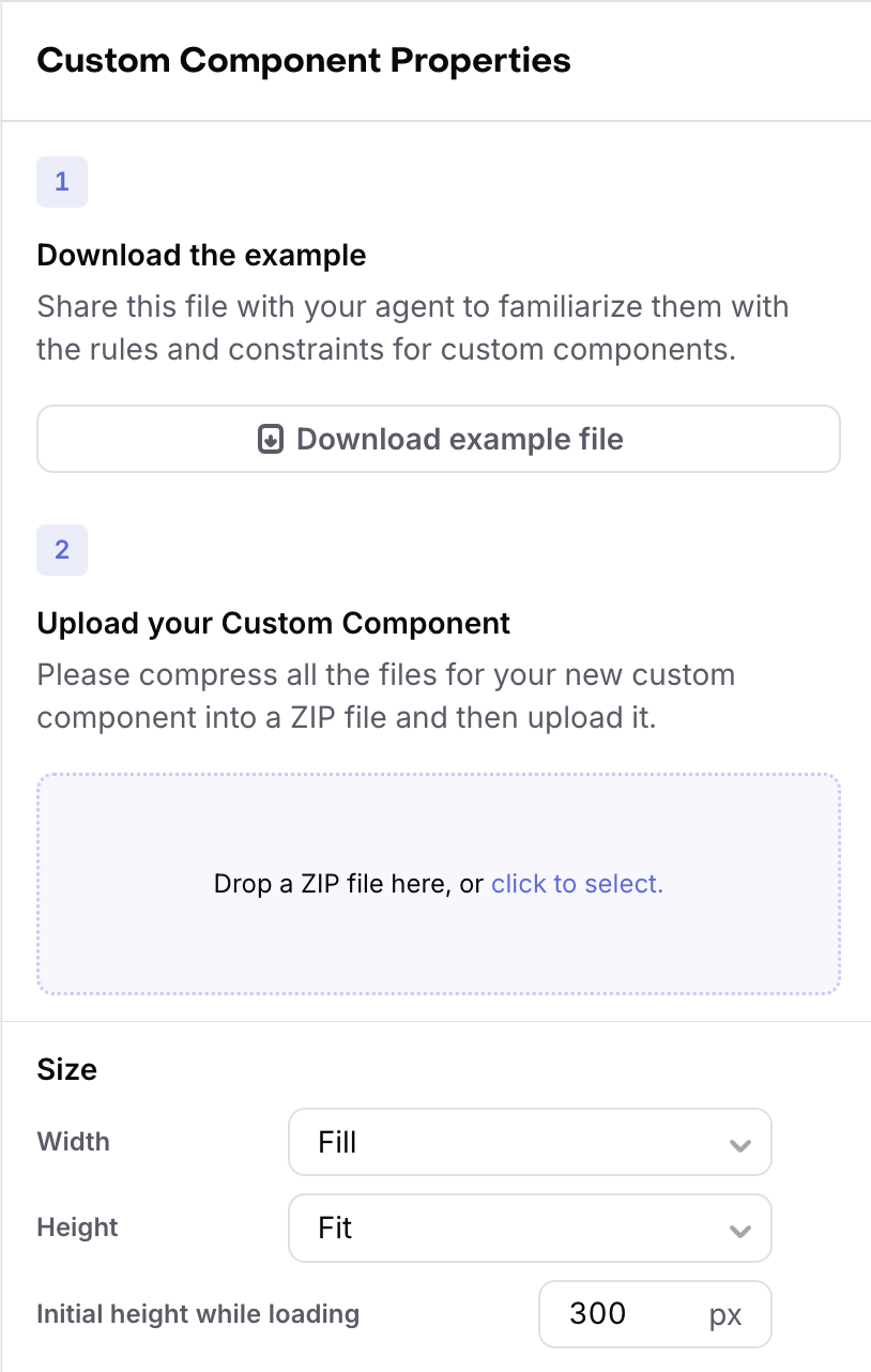 Custom component properties panel with the example download and zip upload