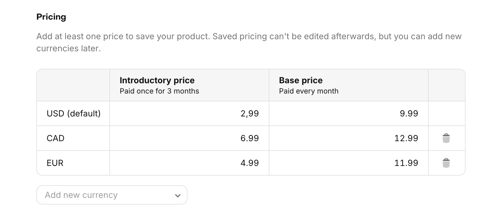 Pricing table
