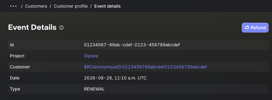 Refund button on the Event Details page for a RENEWAL event