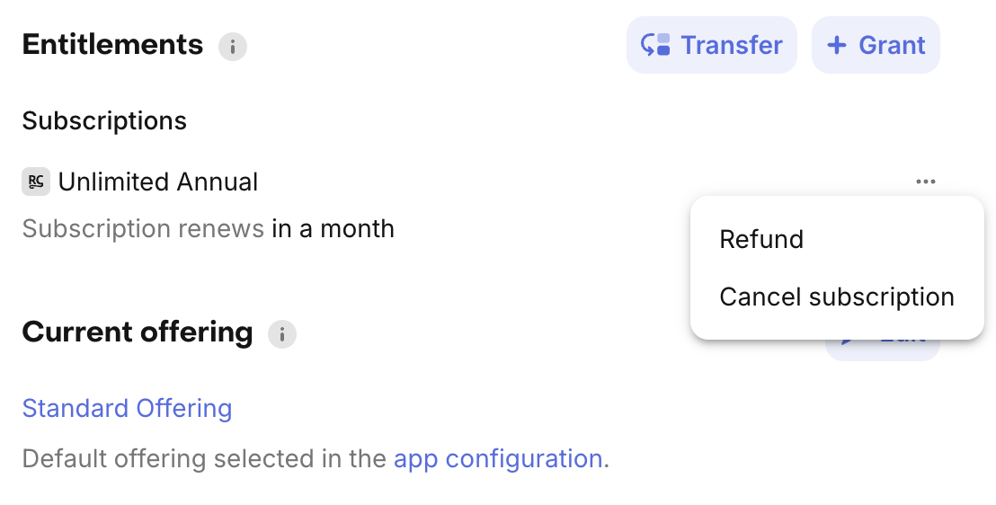 Refund option in the subscription menu on the Entitlements card