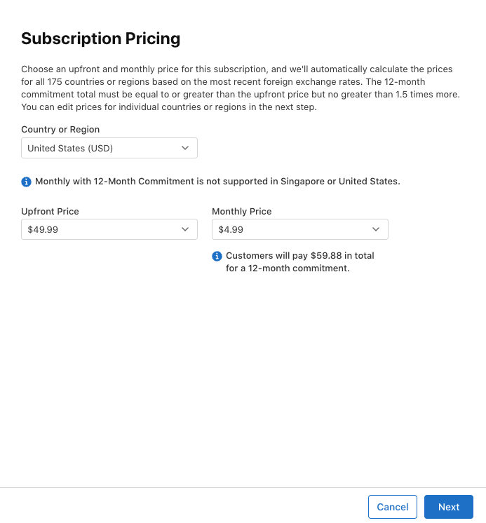 Price configuration for the annual upfront and monthly commitment plans