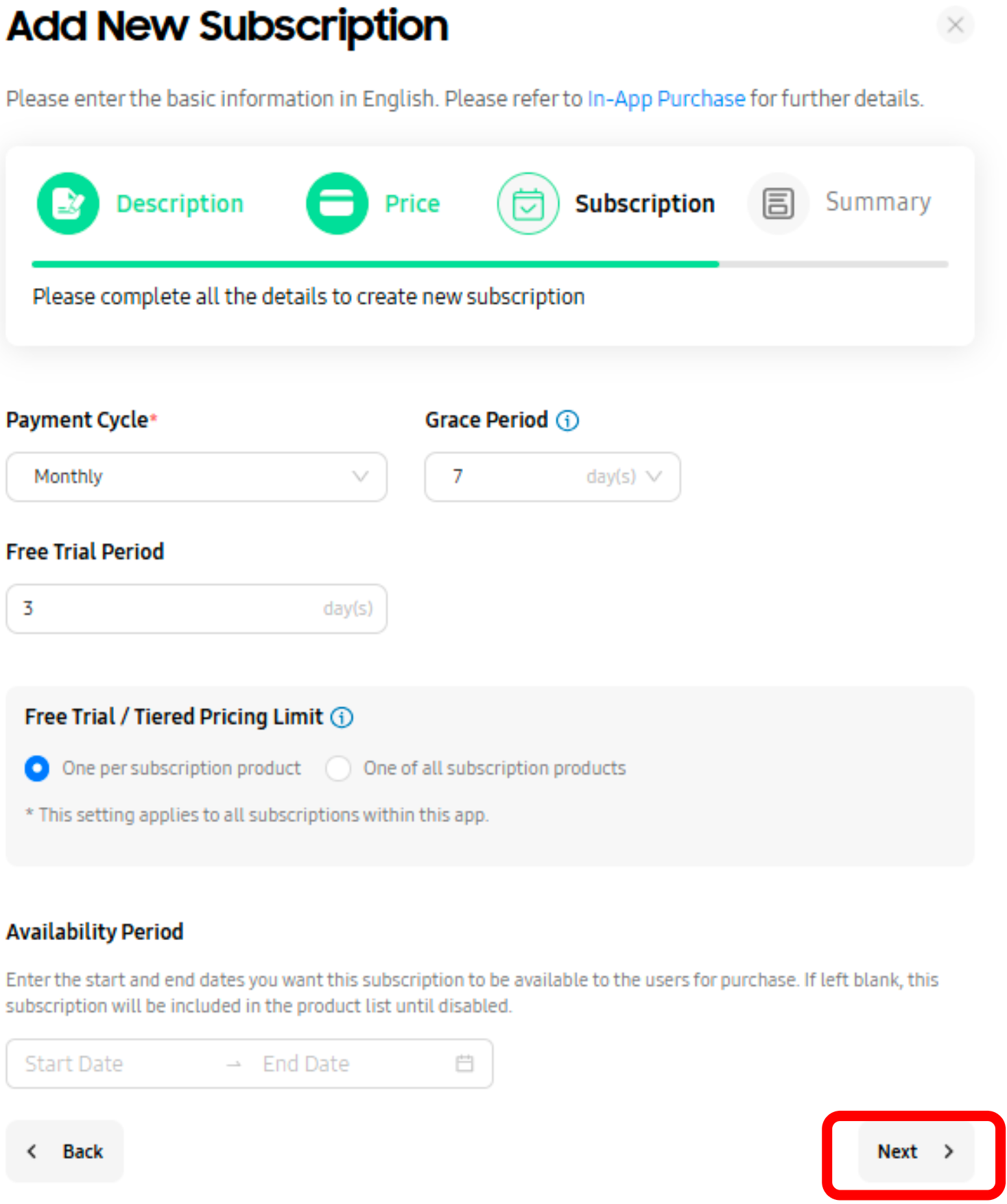 Subscription payment cycle, grace period, and free trial settings Subscription payment cycle, grace period, and free trial settings