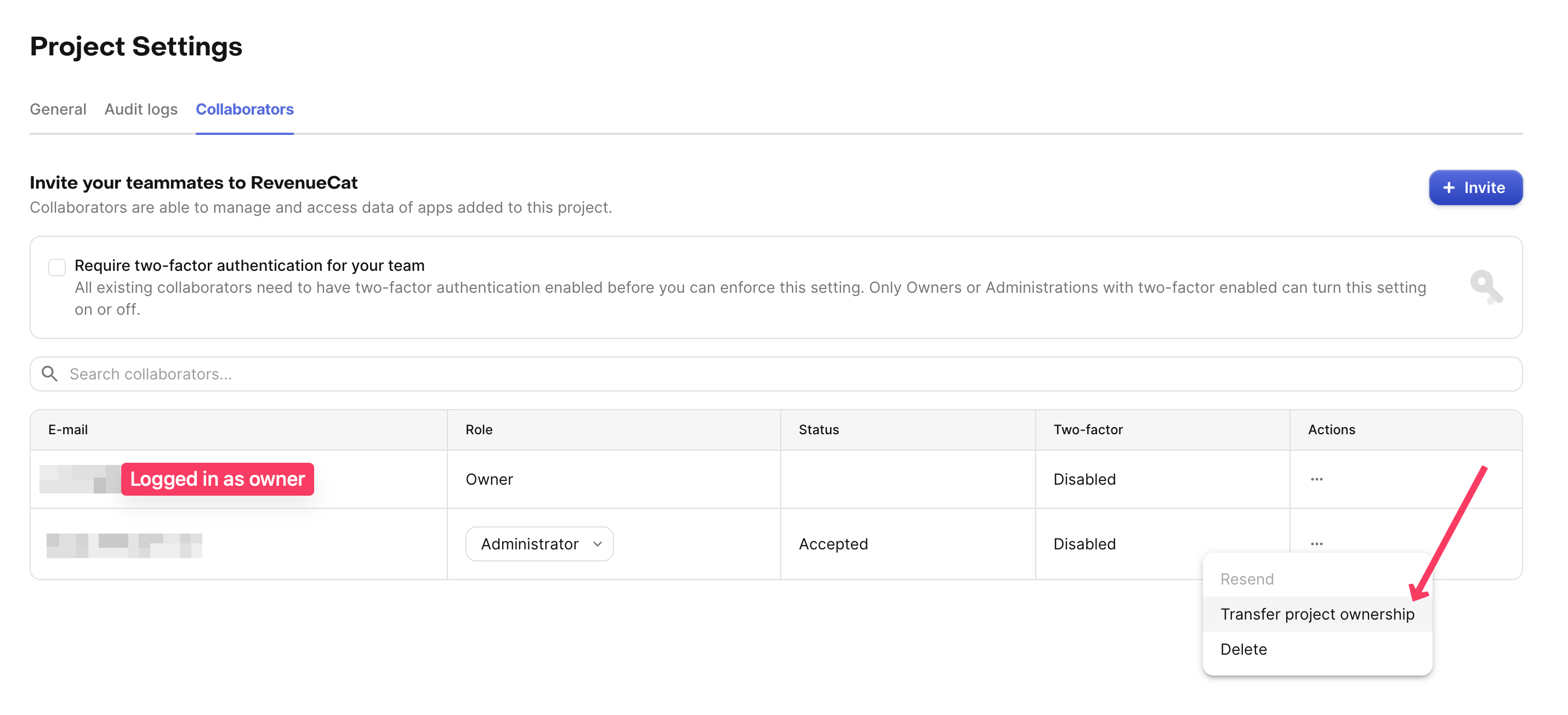 transfer project action button