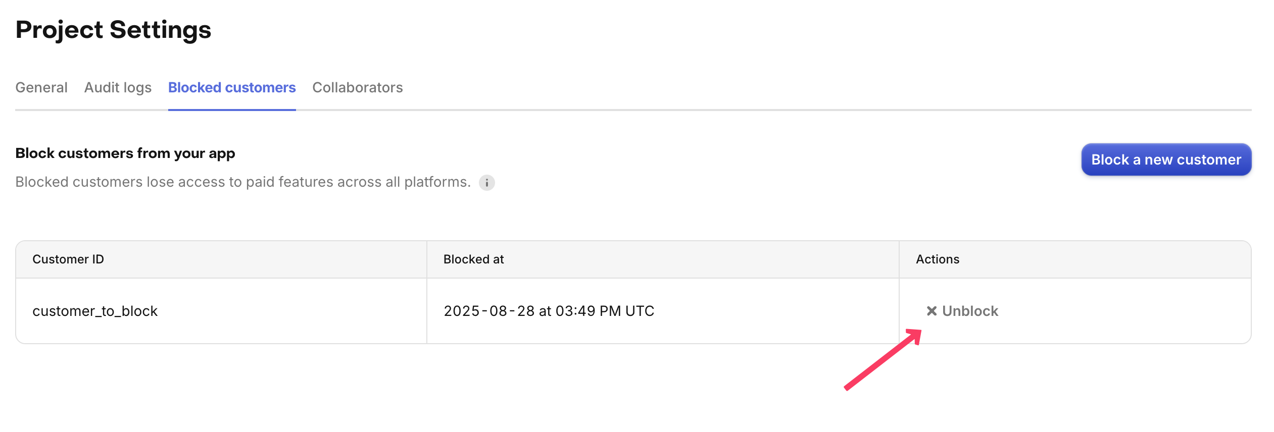 unblock customer button