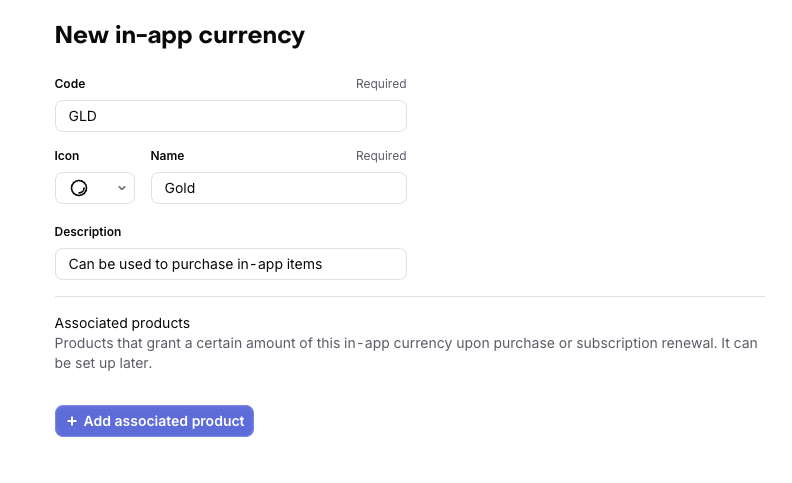 New in-app currency form with fields for the code, icon, name, description, and associated products