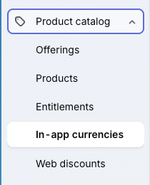 Product catalog navigation with In-app currencies selected