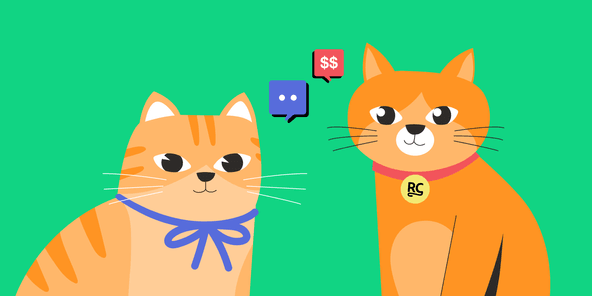 Two illustrated cats with speech bubbles: one showing dialogue and the other displaying a dollar sign, representing customer conversations about pricing.